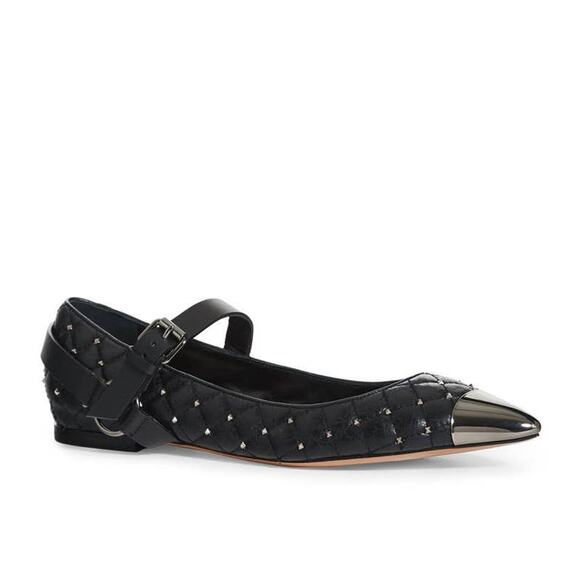 Valentino Black Quilted Leather Rockstud Cap Toe Point Mary Jane Ballet Flats - Picture 1 of 14